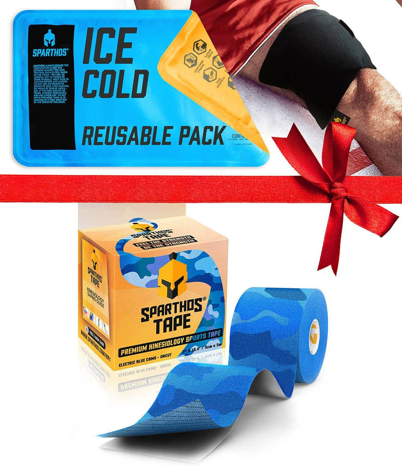 [Australia] - Sparthos Kinesiology Tape [Electric Blue Camo - 16.4ft Uncut Roll] x Ice Packs for Injuries [Size Medium + Cover] 