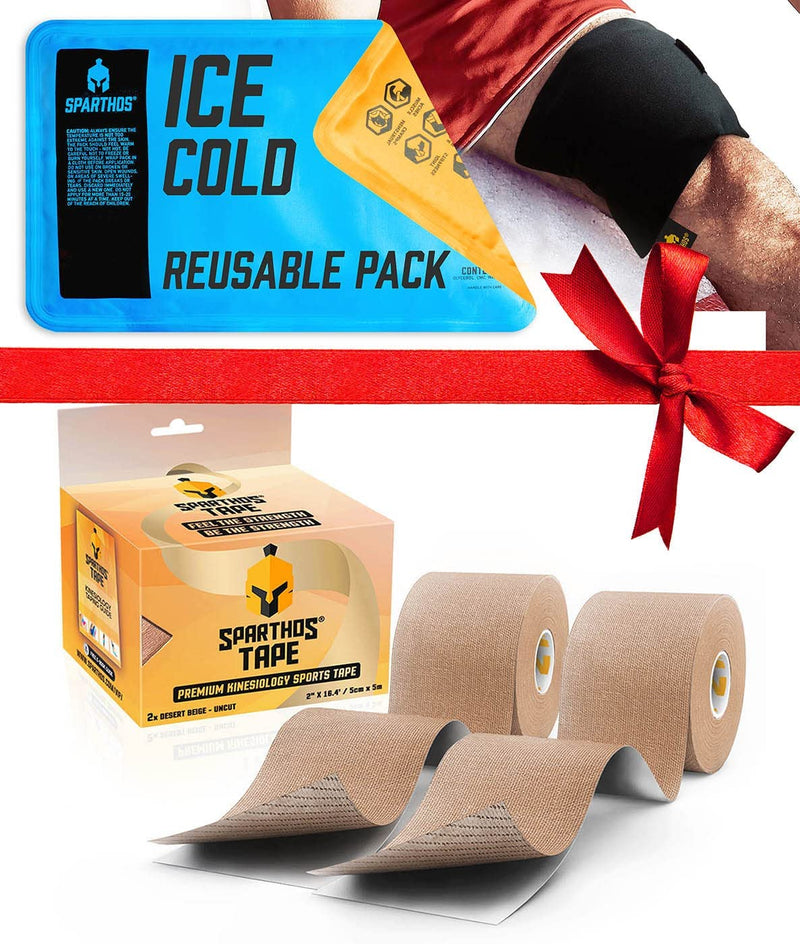 [Australia] - Sparthos Kinesiology Tape [Desert Beige - Pack of 2] x Ice Packs for Injuries [Size Medium + Cover] 
