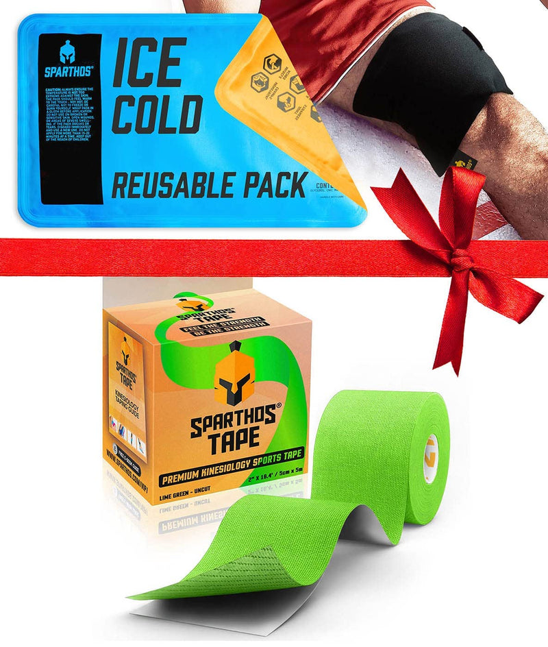 [Australia] - Sparthos Kinesiology Tape [Lime Green - 16.4ft Uncut Roll] x Ice Packs for Injuries [Size Medium + Cover] 
