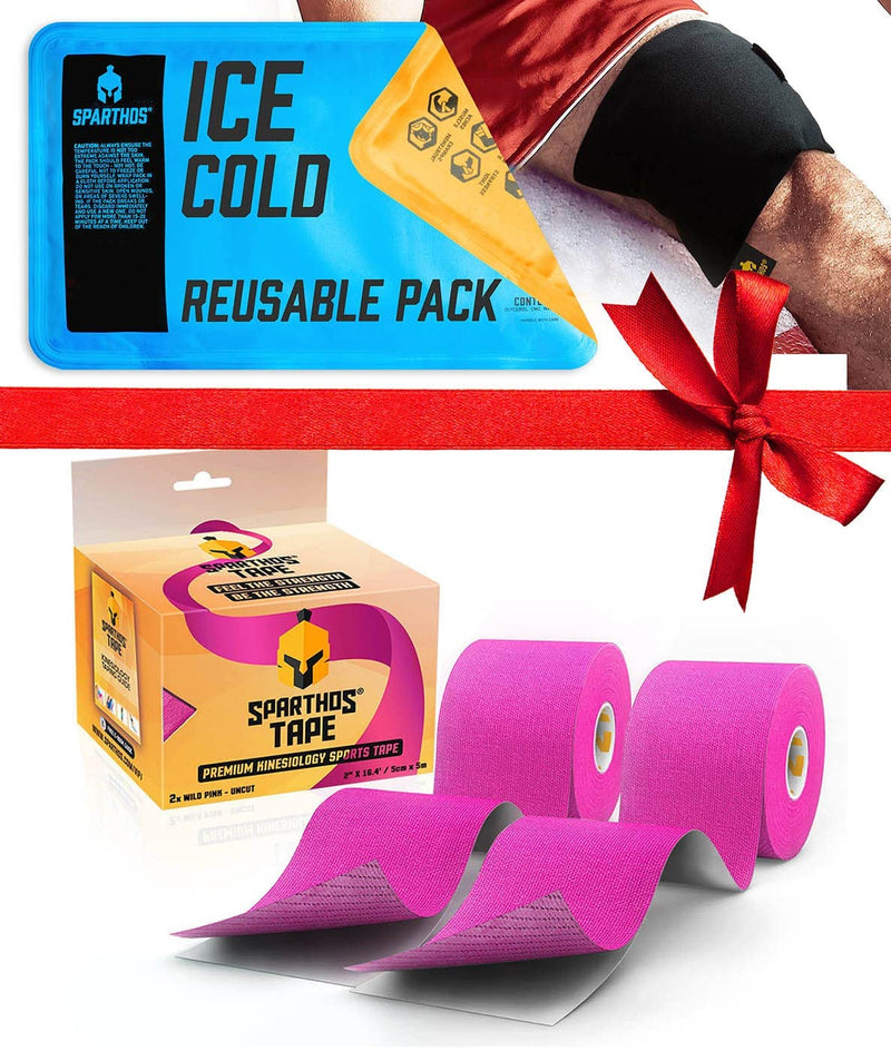 [Australia] - Sparthos Kinesiology Tape [Wild Pink - Pack of 2] x Ice Packs for Injuries [Size Medium + Cover] 