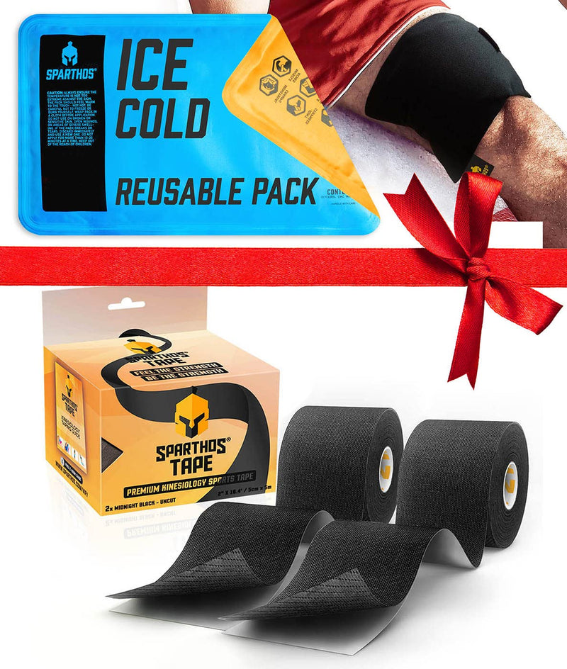[Australia] - Sparthos Kinesiology Tape [Midnight Black - Pack of 2] + Sparthos Ice Packs for Injuries [Size Medium + Cover] 