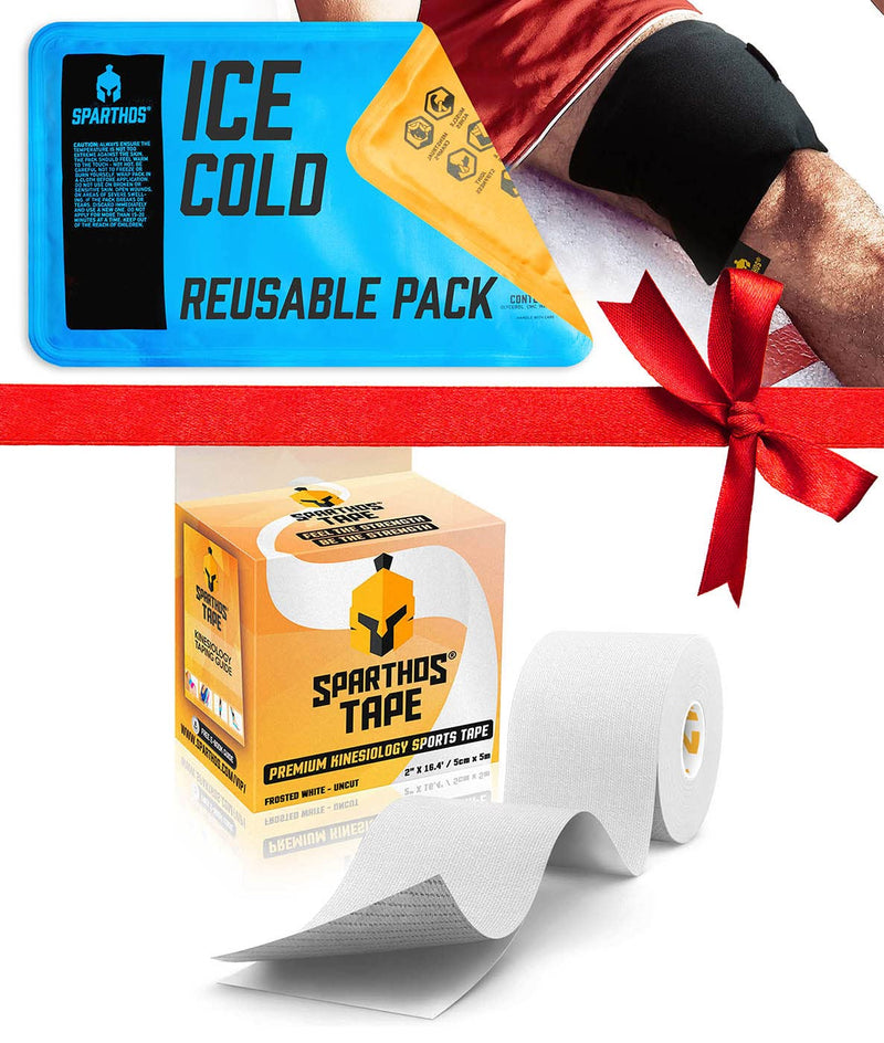 [Australia] - Sparthos Kinesiology Tape [Frosted White - 16.4ft Uncut Roll] + Sparthos Ice Packs for Injuries [Size Medium + Cover] 
