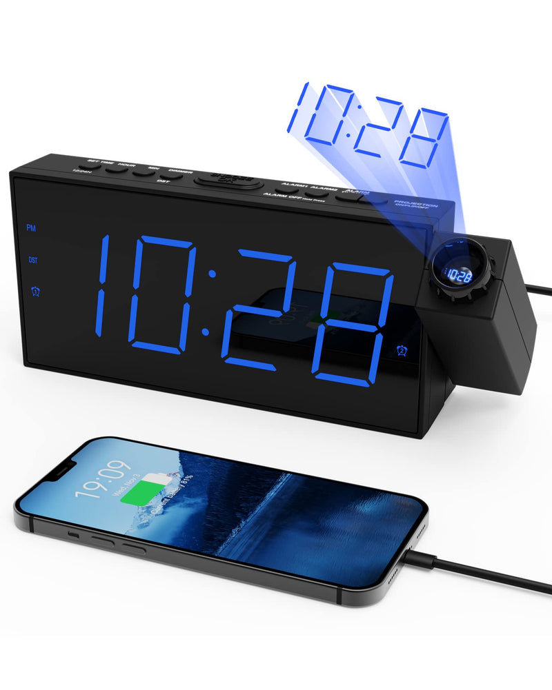 [Australia] - Projection Alarm Clock for Bedroom,LED Digital Clock Projection on Ceiling Wall with USB Phone Charging,Battery Backup,180°Projector& Dimmer,12/24H,DST,Snooze,Dual Loud Bedside Clock for Heavy Sleeper Black 