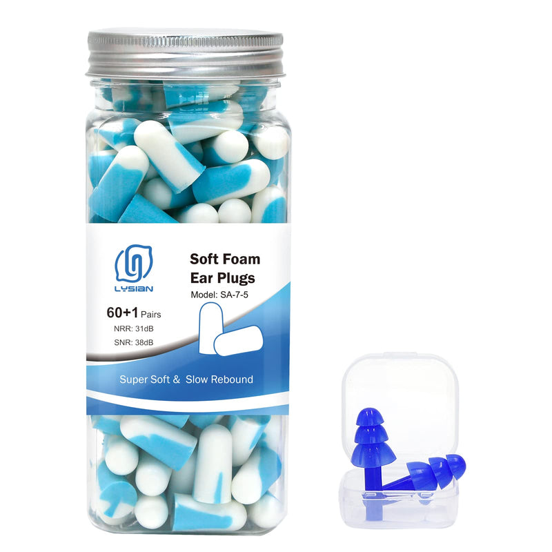 [Australia] - Soft Foam Earplugs 60 Pairs, 38dB SNR Comfortable Ear Plugs for Sleeping, Snoring, Shooting, Mowing, and All Loud Noise by Lysian, Light Blue/White 