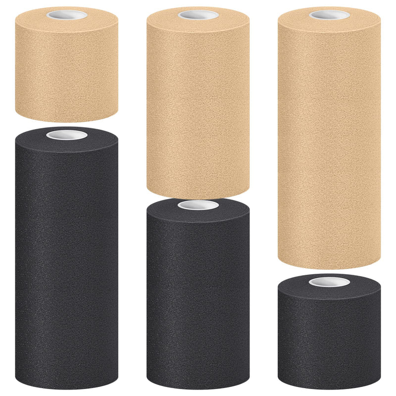 [Australia] - 6 Pieces Foam Underwrap Tape Sports Pre-Wrap Athletic Tape Elastic Underwrap for Ankles Wrists Hands and Knees (Black and Skin Color,2 Inch, 4 Inch, 6 Inch) 