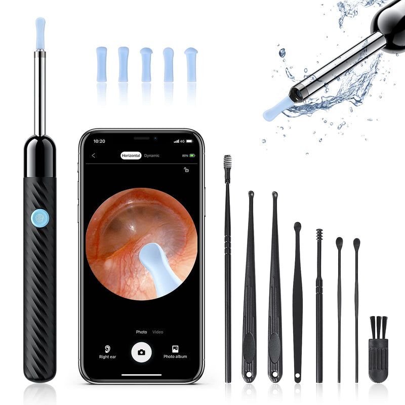 [Australia] - Ear Wax Removal - Earwax Remover Tool with 8 Pcs Ear Set - Ear Cleaner with Camera - Earwax Removal Kit with Light - Ear Camera with 6 Ear Spoon - Ear Cleaner for iOS & Android (Black) Black 