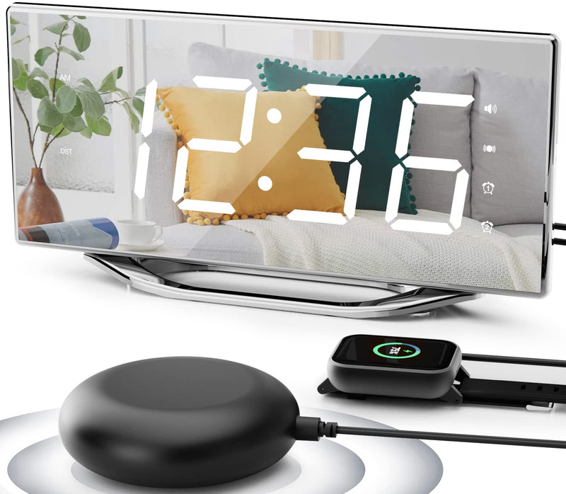 [Australia] - Extra Loud Vibrating Alarm Clock with Bed Shaker for Deep Sleepers Adult Hearing impaired Deaf, Dual Alarms Digital Clock for Bedroom,8.7'' Large Mirror LED Display,USB Charger,Battery Backup,Dimmable Silver Surface(with Bed Shaker) 