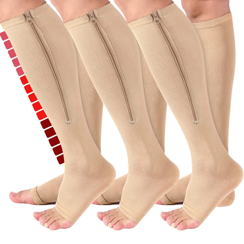 [Australia] - 3 Pairs Zippre Compression Socks - Calf Knee High Open Toe Compression Stockings 15-20mmHg for Walking,Running 01 Nude Large-X-Large 