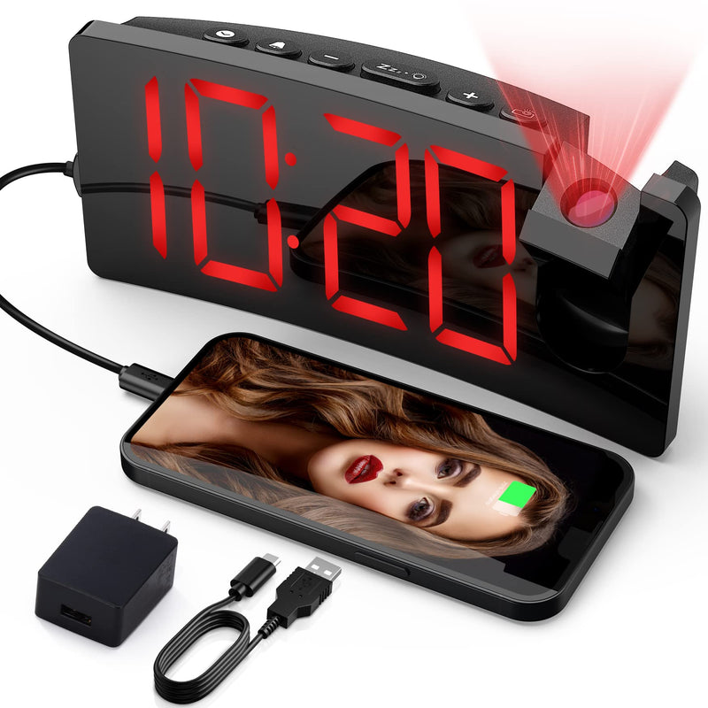 [Australia] - Projection Alarm Clock for Bedrooms, Red Digital Clock Projection on Ceiling Wall with USB Charging Port, 3-Level Brightness 180° Projector and Screen, 12/24H, Snooze, Bedside Clock for Elders, Adults 