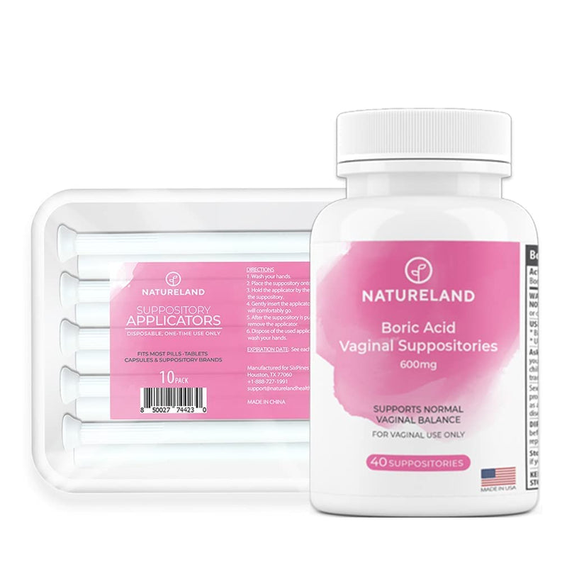 [Australia] - NATURELAND [40 Count] Boric Acid Suppositories 600mg w/ [10 Pack] Vaginal Applicator - Feminine Care 