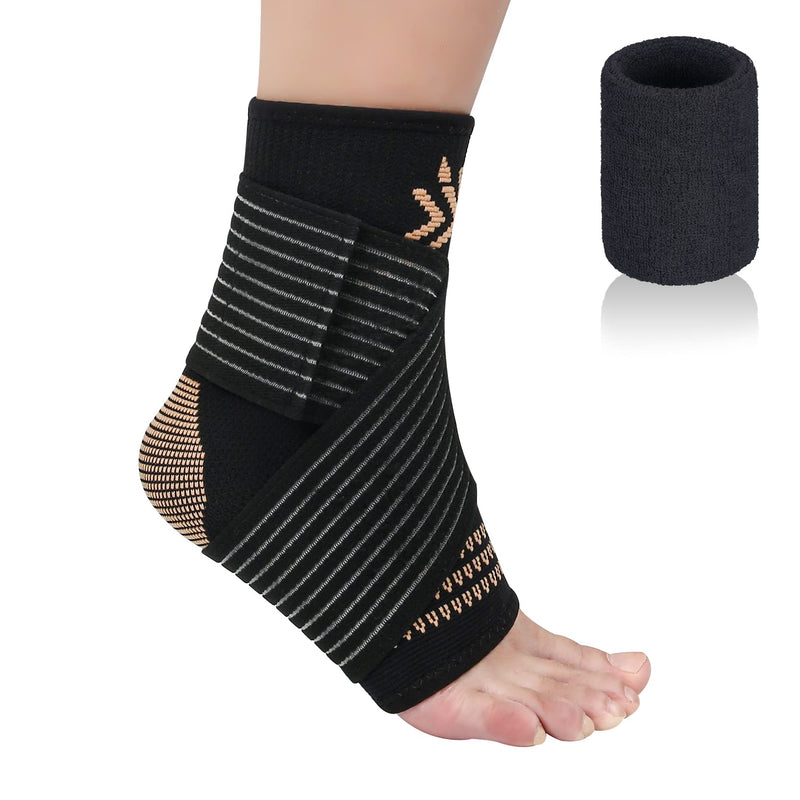 [Australia] - Copper Ankle Brace Compression Sleeve Support for Women & Men - Adjustable Strap for Arch Support - Plantar Fasciitis Brace for Sprained Ankle, Achilles Tendonitis Pain, Injury Recovery, Running Medium copper black 