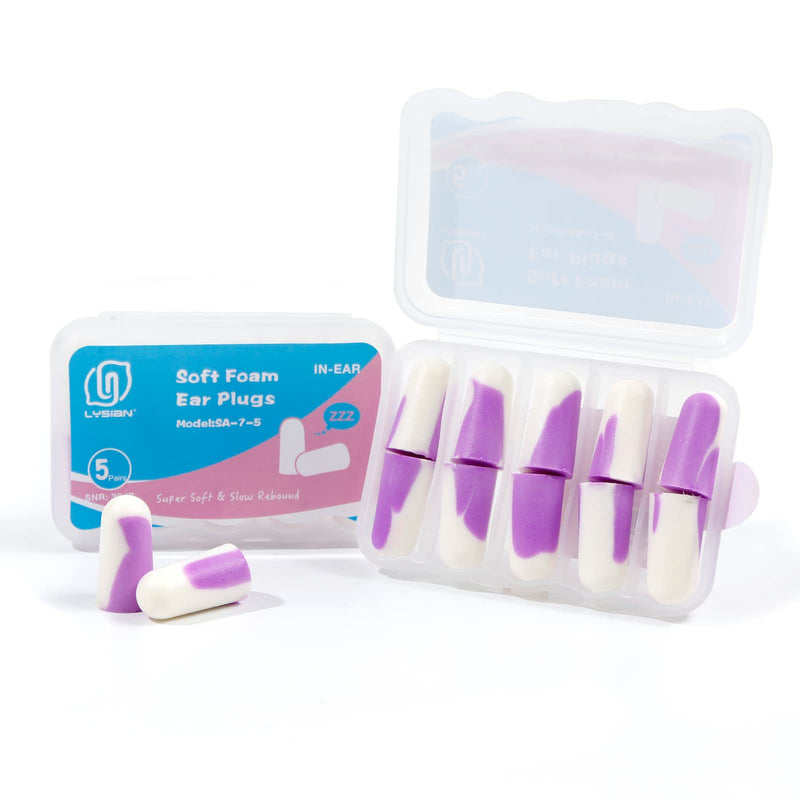 [Australia] - Ultra Soft Foam Earplugs 5 Pairs, 38dB SNR Ear Plugs for Sleeping, Snoring, and All Loud Events by Lysian (Purple/White) Purple/White 