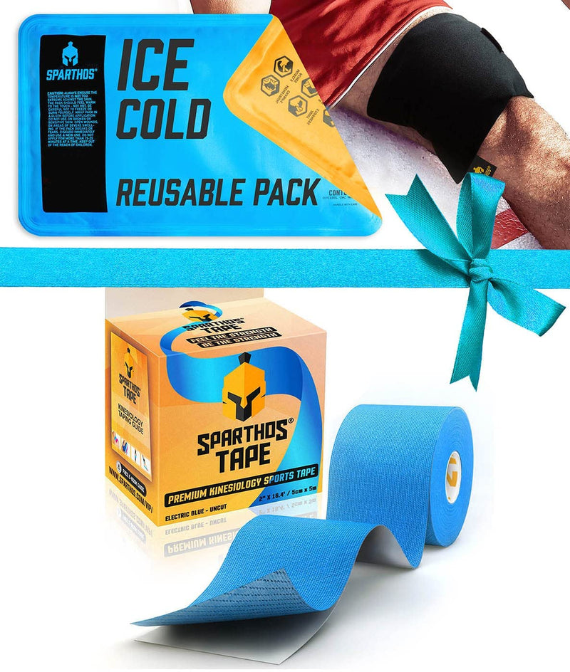 [Australia] - Sparthos Kinesiology Tape [Electric Blue - 16.4ft Uncut Roll] x Ice Packs for Injuries [Size Medium + Cover] 