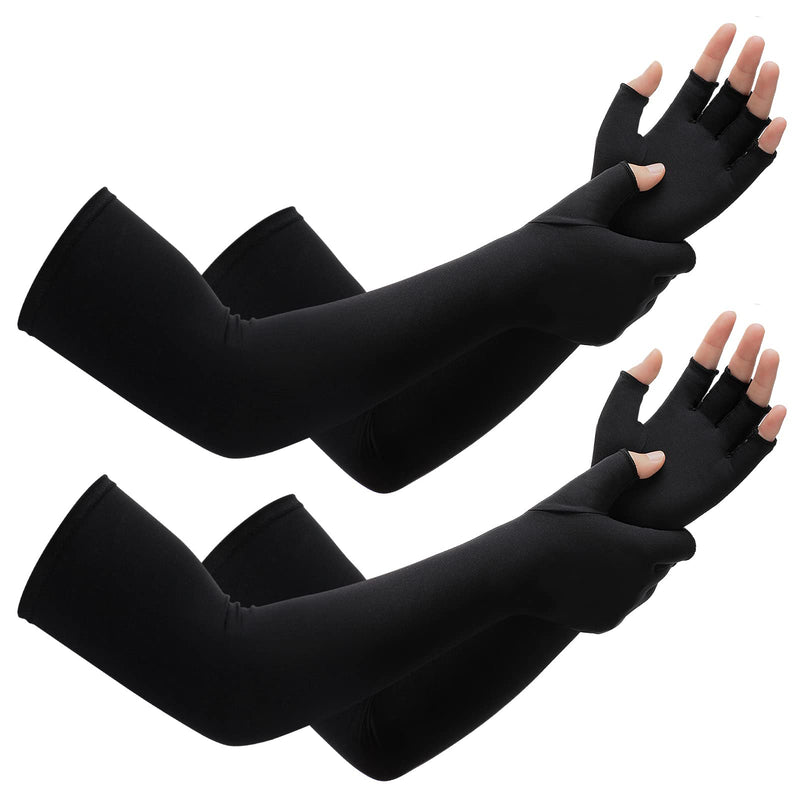 [Australia] - 2 Pairs Copper Long Gloves Carpal Tunnel Gloves Open Compression Long Fit Gloves for Women Men Support Hands Basic Style Large 