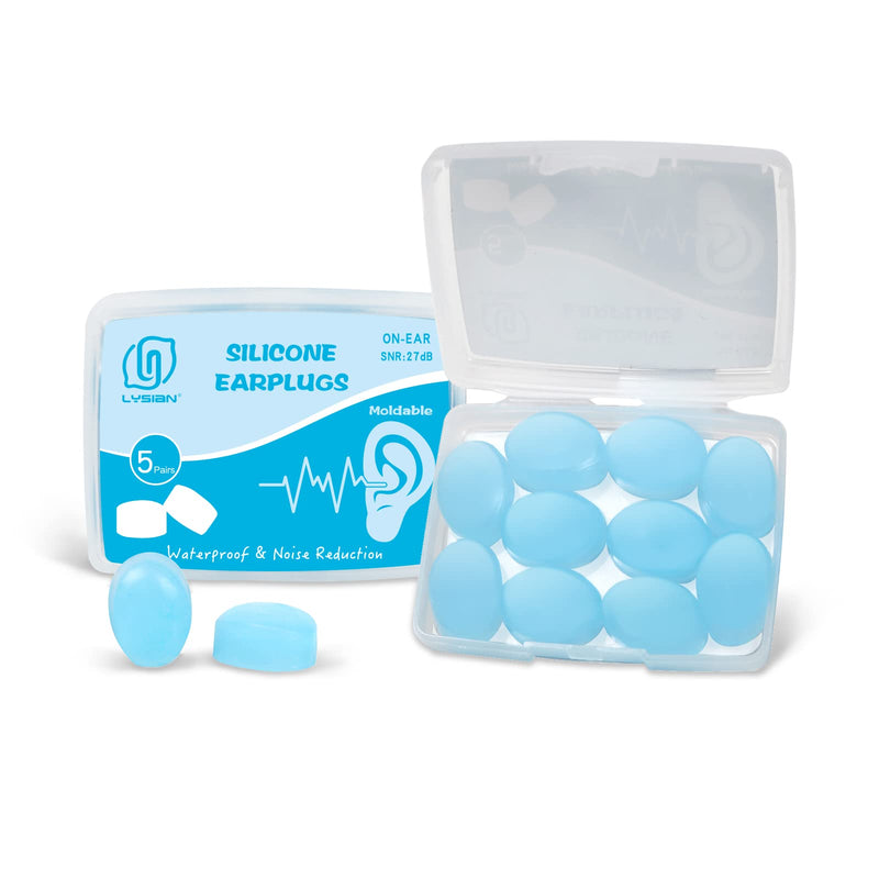 [Australia] - Soft Moldable Silicone Earplugs, 5 Pairs, 27dB SNR Noise Reduction Ear Plugs for Swimming, Travel, Snoring by Lysian (Blue) Blue 