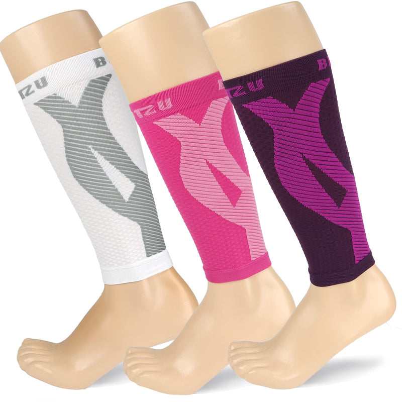 [Australia] - BLITZU 3 Pairs Calf Compression Sleeves for Women and Men Size L-XL, One White, One Pink, One Purple Calf Sleeve, Leg Sleeve. 