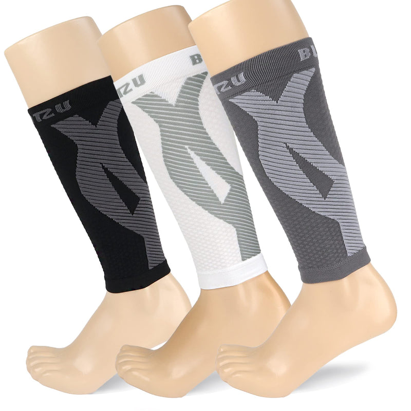 [Australia] - BLITZU 3 Pairs Calf Compression Sleeves for Women and Men Size XXL, One Black, One White, One Grey Calf Sleeve, Leg Sleeve. 