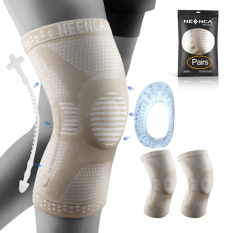 [Australia] - NEENCA [2 Pack] Knee Brace, Knee Compression Sleeve Support with Patella Gel Pad & Side Spring Stabilizers, Medical Grade Knee Protector for Running, Meniscus Tear, Arthritis, Joint Pain Relief, Sport H Beige (pack of 2) Large 