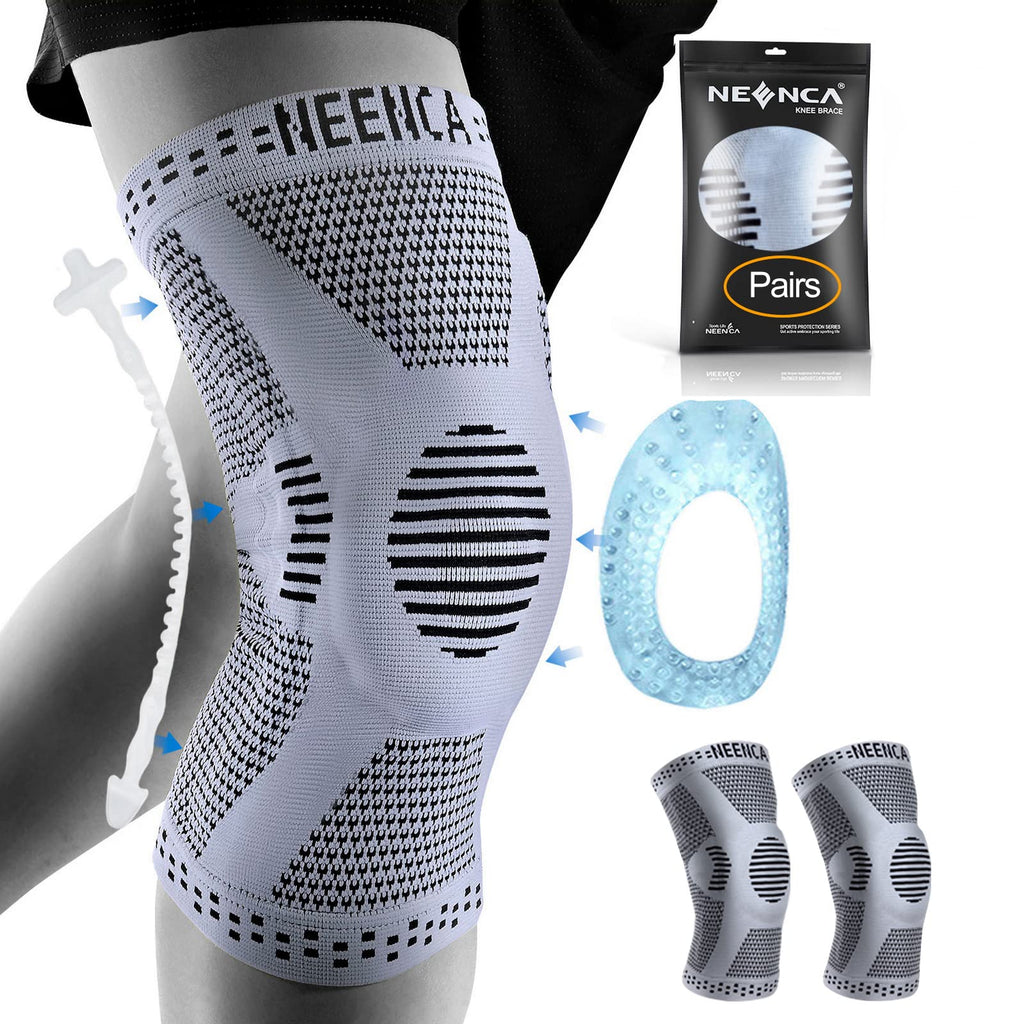 [Australia] - NEENCA [2 Pack] Knee Brace, Knee Compression Sleeve Support with Patella Gel Pad & Side Spring Stabilizers, Medical Grade Knee Protector for Running, Meniscus Tear, Arthritis, Joint Pain Relief, Sport Grey (pack of 2) Large 