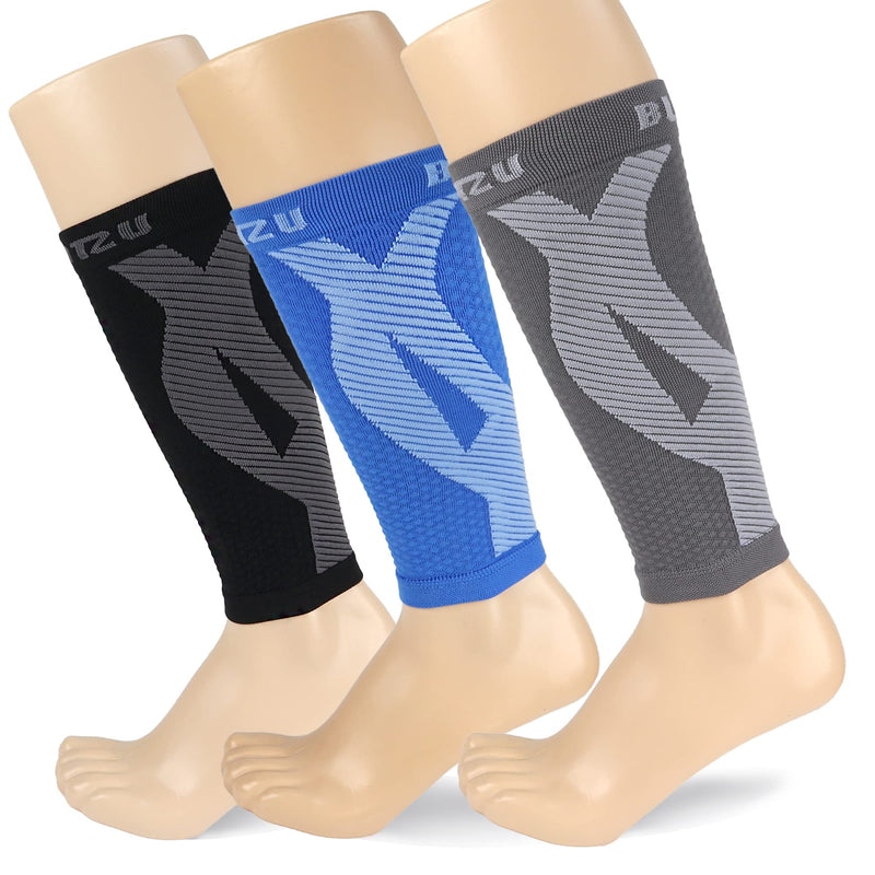 [Australia] - BLITZU 3 Pairs Calf Compression Sleeves for Women and Men Size XXL, One Grey, One Black, One Blue Calf Sleeve, Leg Compression Sleeve for Calf Pain and Shin Splints. Footless Compression Socks. 
