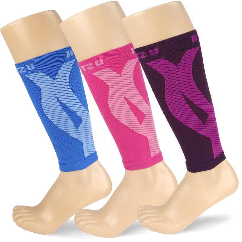 [Australia] - BLITZU 3 Pairs Calf Compression Sleeves for Women and Men Size L-XL, One Blue, One Pink, One Purple Calf Sleeve, Leg Compression Sleeve for Calf Pain and Shin Splints. Footless Compression Socks. 