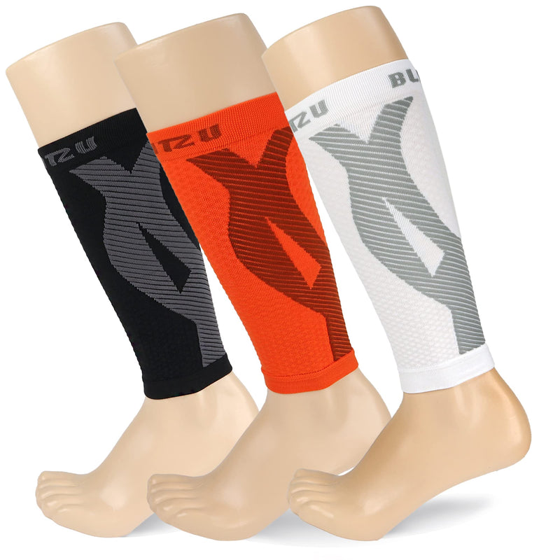[Australia] - BLITZU 3 Pairs Calf Compression Sleeves for Women and Men Size S-M, One Orange, One Black, One White Calf Sleeve, Leg Compression Sleeve for Calf Pain and Shin Splints. Footless Compression Socks. 