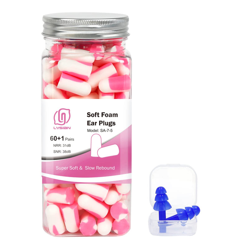 [Australia] - Ultra Soft Foam Earplugs 60 Pairs, 38dB SNR Ear Plugs for Sleeping, Mowing, Shooting, and All Loud Noise by Lysian, Pink/White 