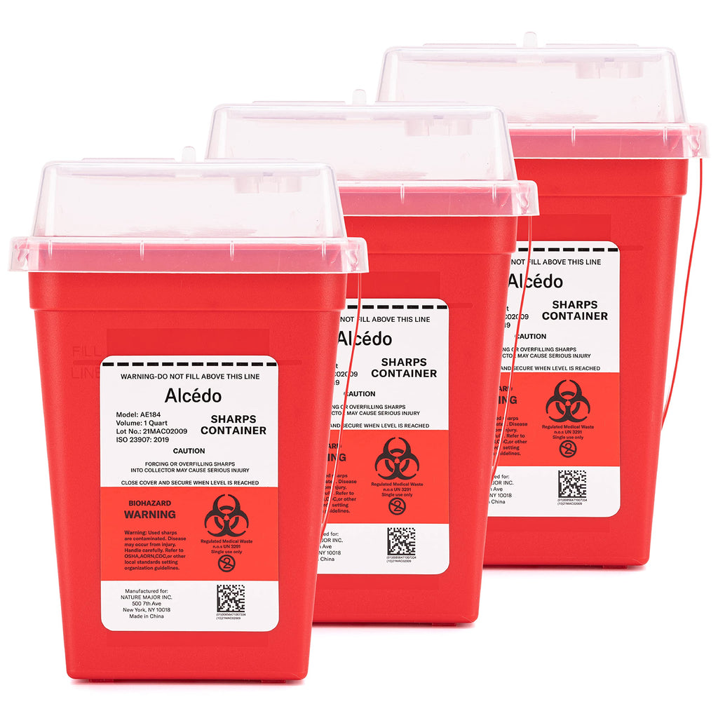 [Australia] - All New Alcedo Sharps Container for Home Use and Professional 1 Quart Plus (3-Pack), Biohazard Needle and Syringe Disposal, Small Portable Container for Travel 
