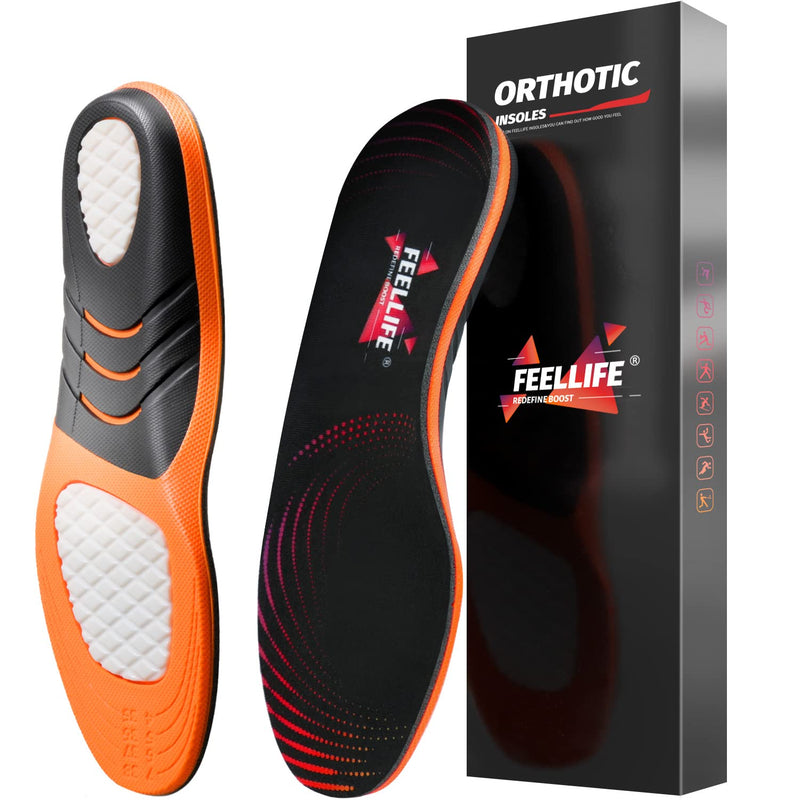 [Australia] - FeelLife Plantar Fasciitis Relief Shoe Inserts, Arch Support Insoles, Running Athletic Gel Shoe Insoles, Orthotic Insoles for Arch Pain, Trim to Fit: Men 8-11/Women 9-12, 1 Pair Black & Orange L(Men 8-11/Women 9-12) 