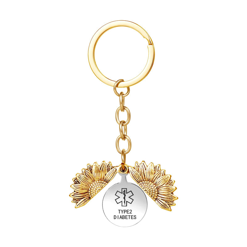 [Australia] - LuxglitterLin Heart Shape 316L Medical ID Alert Keychain for Men Women Laser Engraved Keyring SOS Emergency Sunflower type 2 diabetic(gold) 