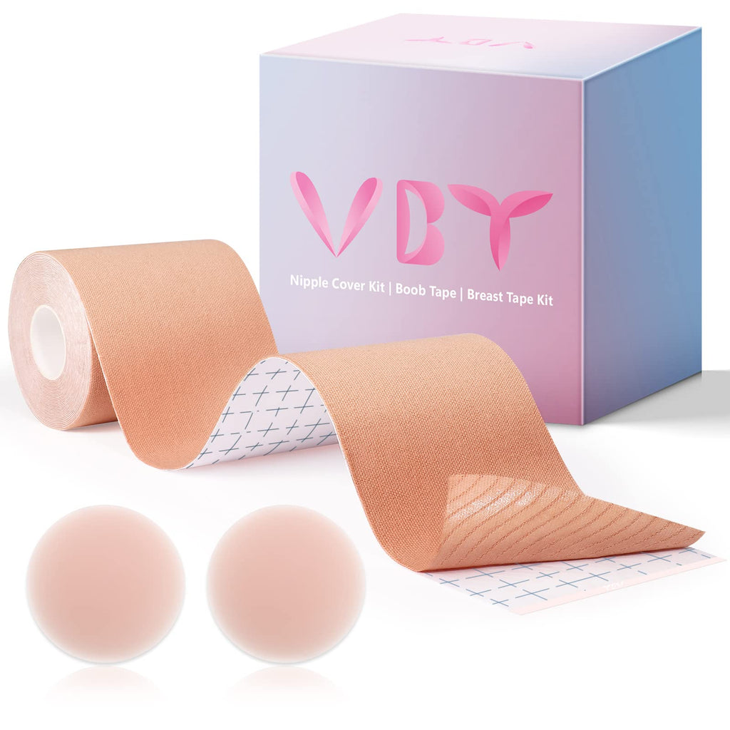 [Australia] - Boob Tape - Breast Lift Tape, Body Tape for Breast Lift w 2 Pcs Silicone Breast Reusable Adhesive Bra, Bob Tape for Large Breasts A-G Cup, Beige 3" 