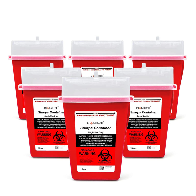 [Australia] - GlobalRoll Sharps Container 1 Quart, 6 Pack Biohazard Needle Disposal Container Small Syringe Disposal Container, Professional Sharps Disposal Container for Home and Travel Use 