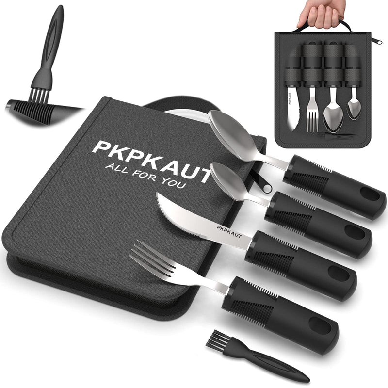 [Australia] - PKPKAUT Medium Weighted Utensils for Hand Tremors Silverware Set, Adaptive Utensils for Parkinsons Patients Arthritic Hands, Built Up Handicap Parkinsons Utensils for Adults Elderly Disabled People 4-Pcs Tote Bag 