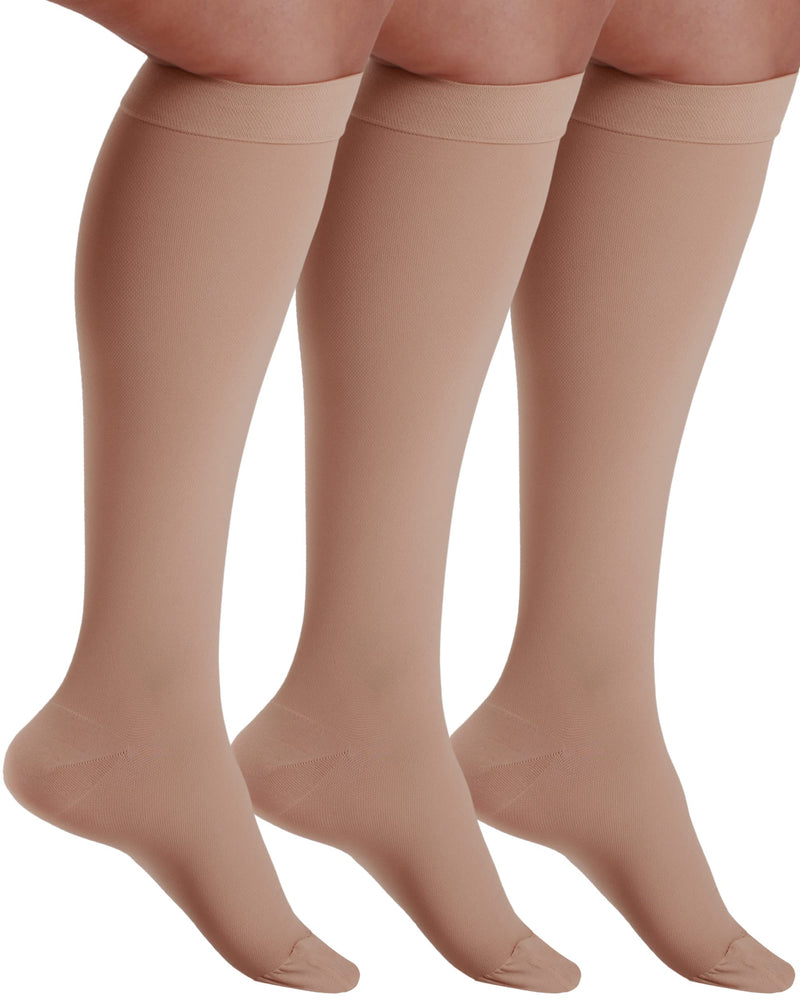 [Australia] - (3 pack) Graduated Compression Socks Plus Size Circulation 20-30mmHg - Extra Wide Opaque Closed Toe Women & Men Knee High Stockings for Swelling Edema Maternity Flight Nursing DVT - Beige, Small 