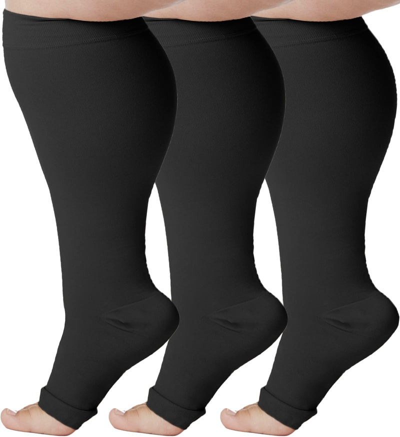[Australia] - (3 Pack) Absolute Support Compression Knee Hi for Men & Women 20-30mmHg Open Toe - Gradient Compression Support Stockings for Swollen Feet Leg Varicose Veins Prevents Edema Pain - Black, Large 