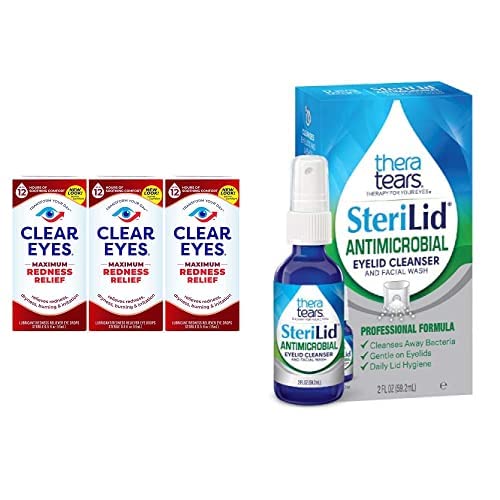 [Australia] - TheraTears Steralid Eyelid Cleanser & Clear Eyes Maximum Redness Relief Lubricant Eye Drops (0.5 fl oz, Pack of 3) 