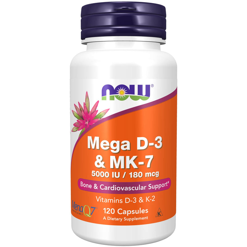 [Australia] - NOW Supplements, Mega D-3 & MK-7, 5000 IU / 180 mcg, Bone & Cardiovascular Support*, Vitamins K-3 & K-2, 120 Capsules 