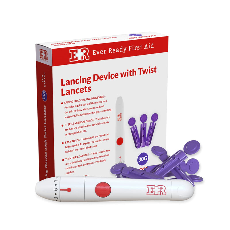 [Australia] - Ever Ready First Aid Lancing Device with 100 30 Gauge Twist Lancets for Blood Sugar Testing 