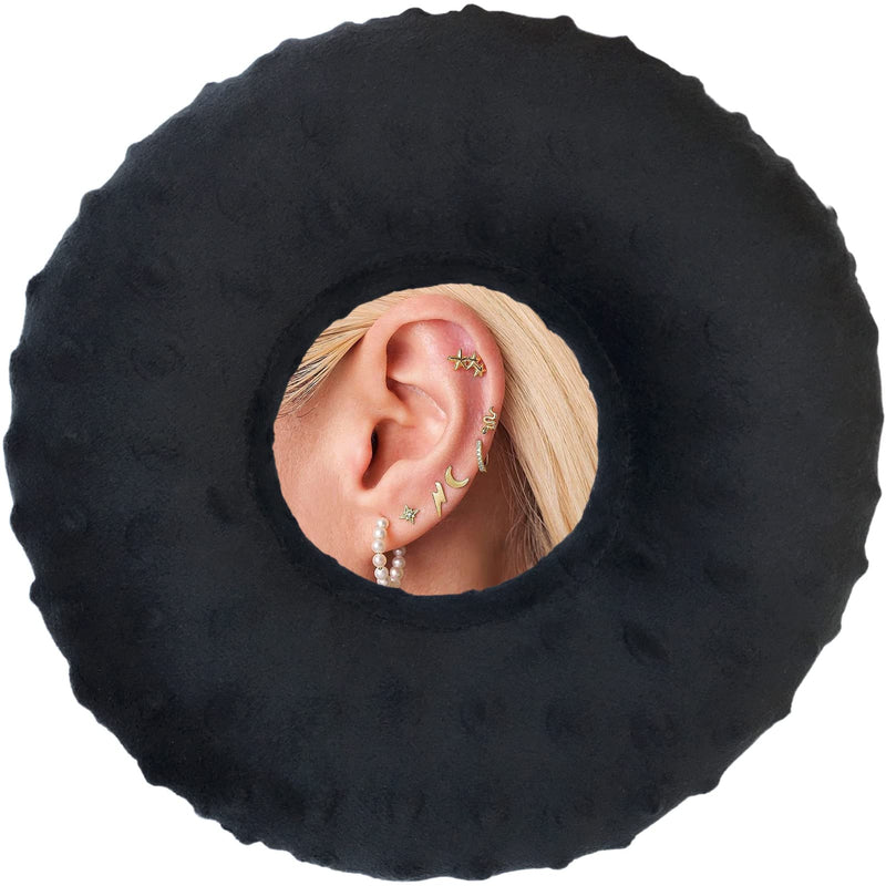 [Australia] - Piercing Ear Pillows CNH Donut Cushion with Hole for Side Sleeping, Ear Ache/Pain Lifesaver Tinnitus, Support Neck Head Minky Dot Black 