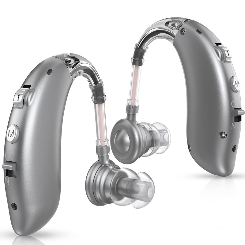 [Australia] - Accistella GM-105 Hearing Aids for Adults Seniors, Rechargeable BTE (Behind The Ear) Hearing Amplifier with Upgraded Noise Reduction, Silver Gray 