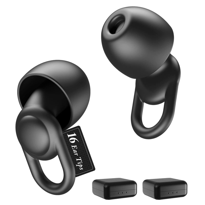 [Australia] - Silicone Ear Plugs for Noise Reduction - Reusable Soft Comfortable Earplugs for Sleeping,Noise Sensitivity & Flights -16 Ear Tips in XS/S/M/L, with 2 Travel Boxes - 33dB Noise Cancelling (Black) Black 
