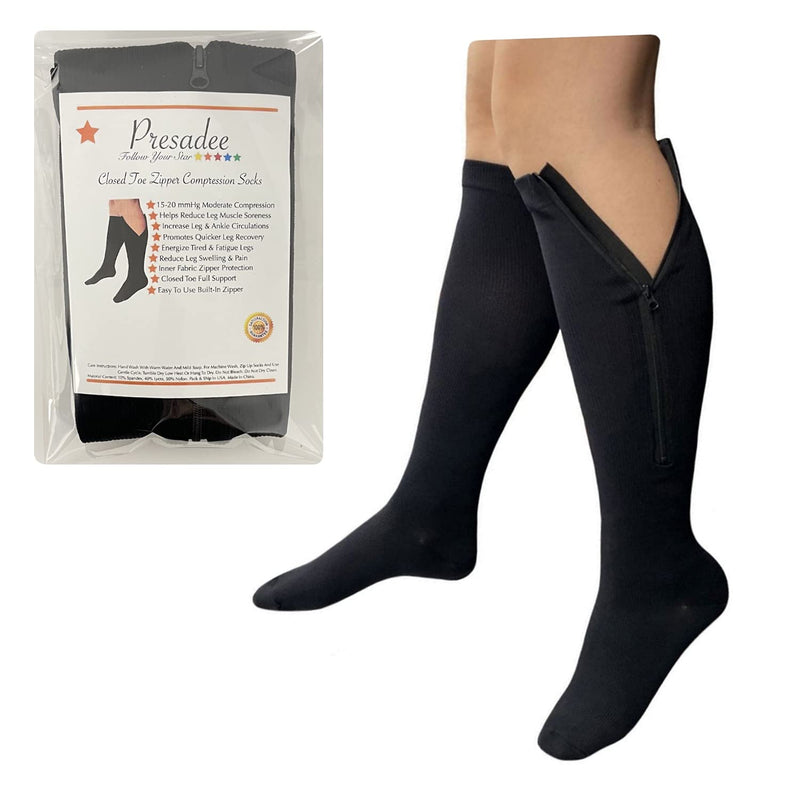 [Australia] - Presadee Closed Toe 15-20 mmHg Zipper Moderate Compression Leg Circulation Socks (Large-X-Large, Black) Large-X-Large 