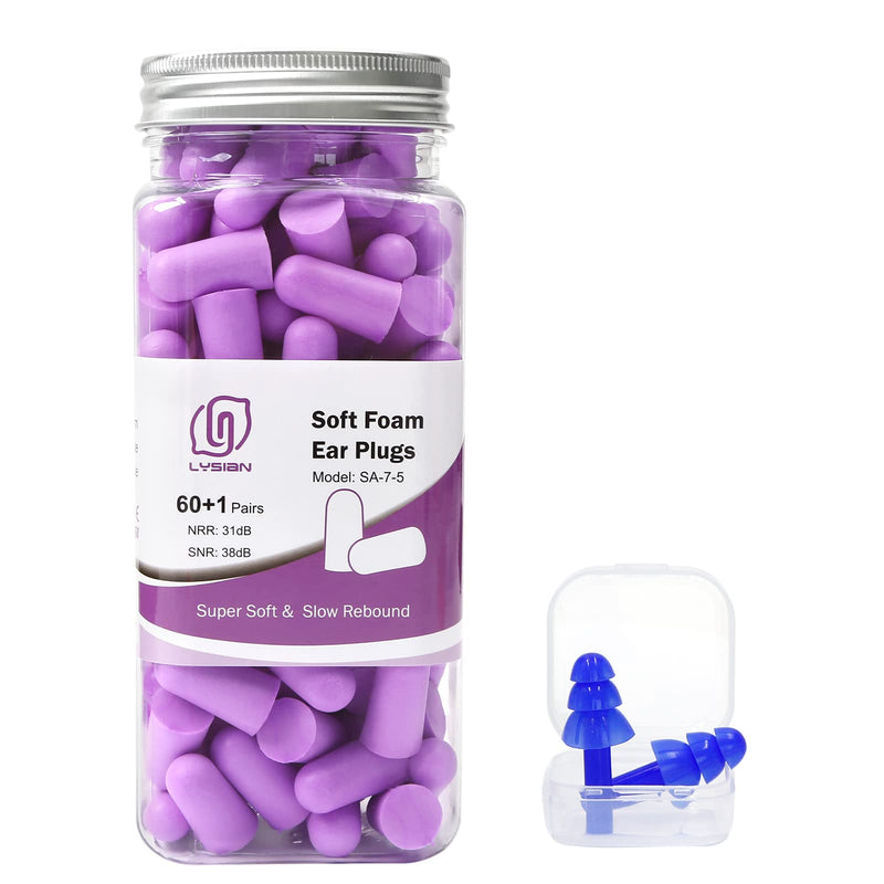 [Australia] - Ultra Soft Foam Earplugs 60 Pairs, 38dB SNR Ear Plugs for Sleeping, Study, Shooting, and All Loud Noise by Lysian, Purple 