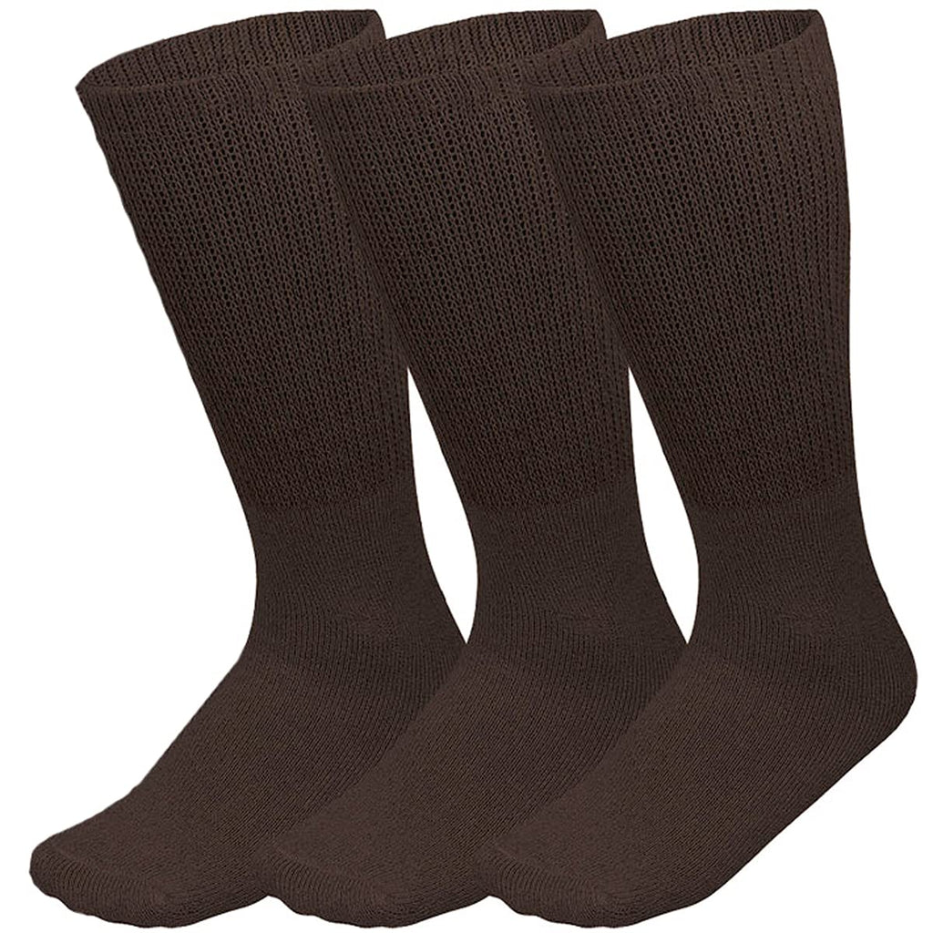 [Australia] - Falari 3-Pack Physicians Approved Diabetic Socks Cotton Non-Binding Loose Fit Top Help Blood Circulation 9-11 Crew Length - Brown 