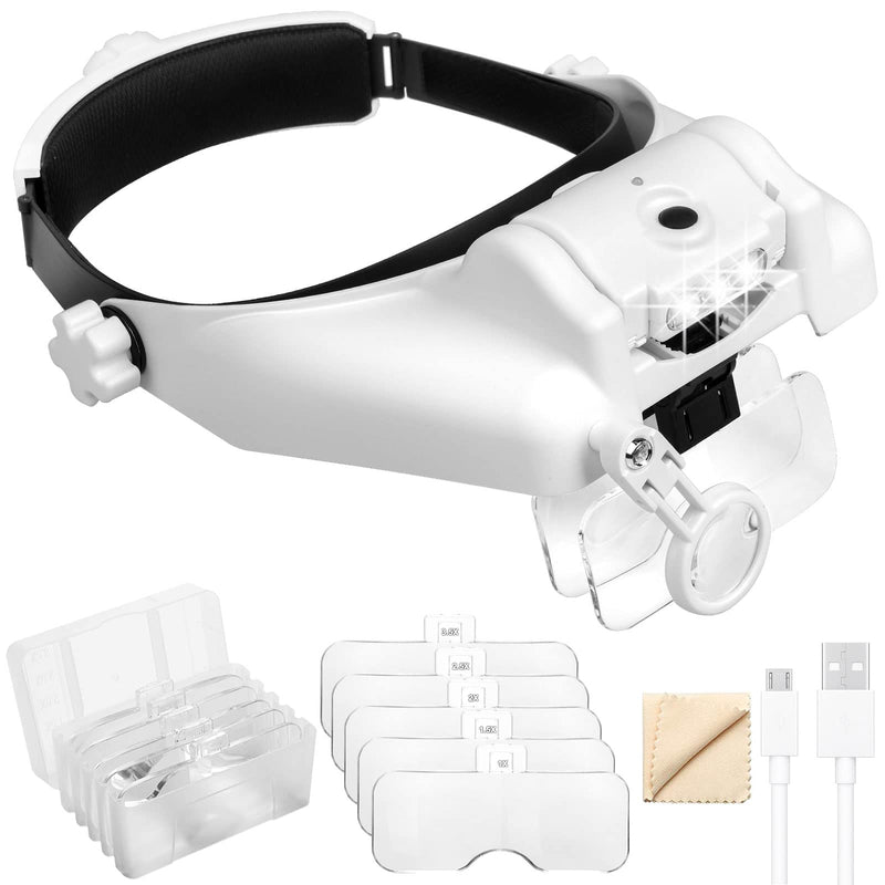 [Australia] - Headband Magnifier Glasses, Linkhood 1X to 14X Rechargeable Head Magnifier with LED Light, Handsfree Head Mount Magnifying Glass with 6 Detachable Lens for Close Work Reading Jewelry Crafts Repair 