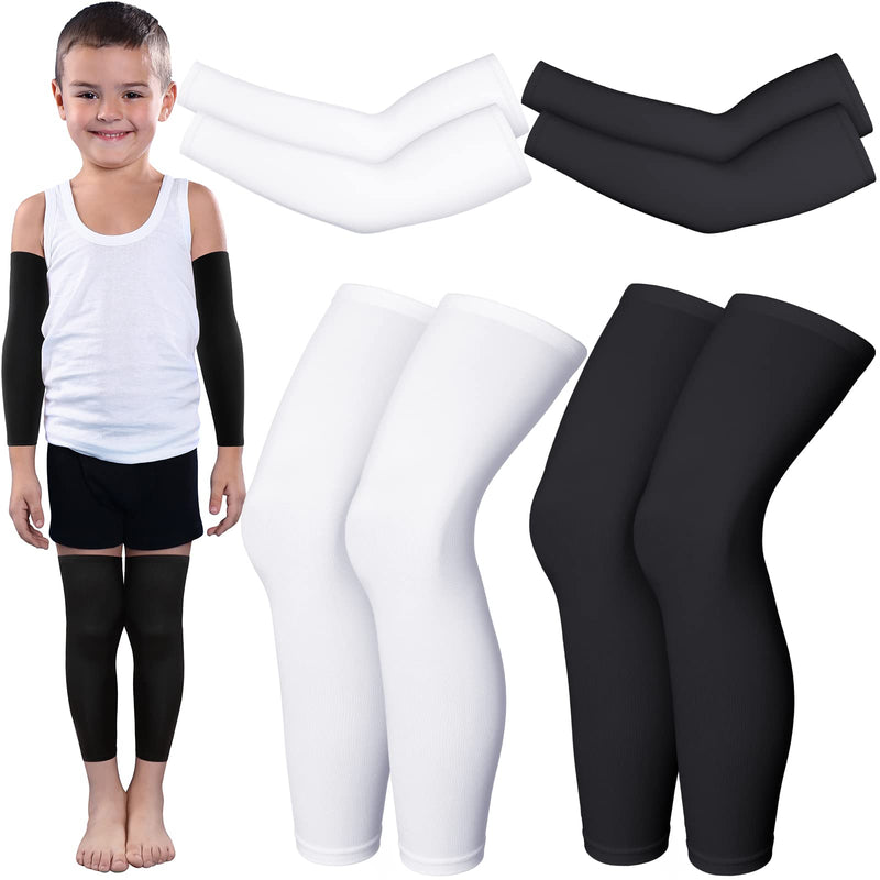 [Australia] - 4 Pairs Kids Long Compression Leg Sleeves and Compression Arm Sleeves Youth Basketball Leg Sleeves Black and White Large 