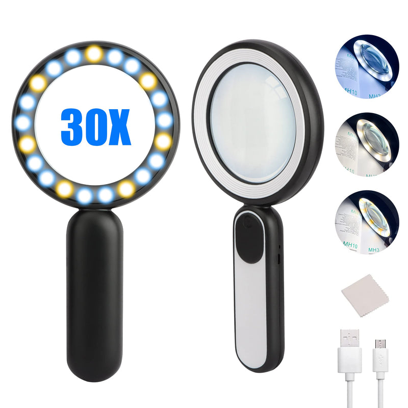 [Australia] - Magnifying Glass with Light, Handheld Illuminated Lighted Magnifying Glass with 21 Led, 3 Light Modes & Rechargeable USB Magnifier Seniors, Reading, Macular Degeneration, Exploring, Coins (Black) Black 