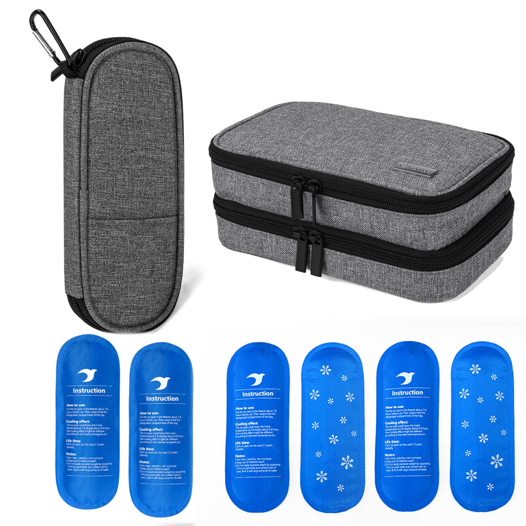 [Australia] - YARWO Insulin Cooler Travel Case, Single and Double Layer Diabetic Travel Case with 6 Ice Packs Bundle for for Insulin Pens, Blood Glucose Monitors or Other Diabetes Accessories, Gray 