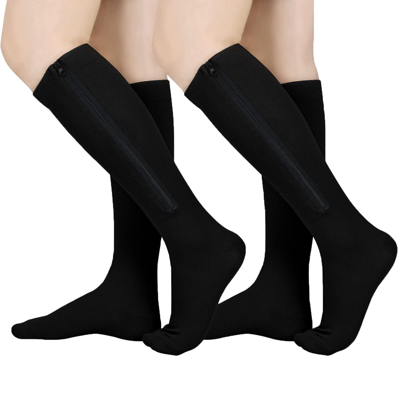 [Australia] - 2 Pairs Zipper Compression Socks Women and Men, Closed Toe Compression Stocking, 15-20 mmHg Knee high compression socks for Edema, Varicose Veins, Swollen Sore Black X-Large 