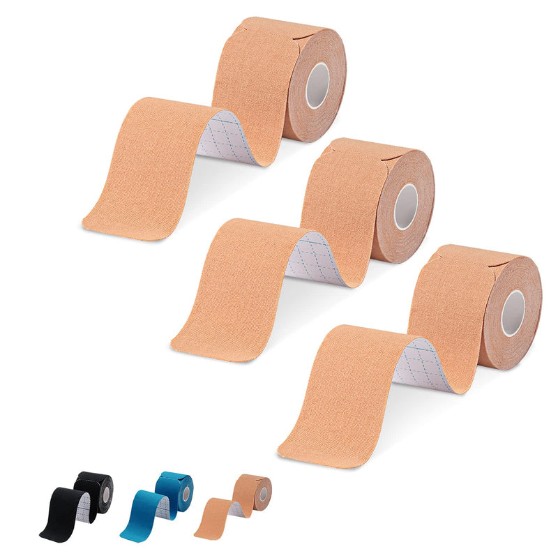 [Australia] - Kinesiology Tape Precut 3 Rolls-Athletic Sports Tape for Muscle & Joints-Physical Therapy Tape for Knee,Ankle,Shoulder,Plantar Fasciitis- Latex Free and Water Resistant-60 Strips, Beige 